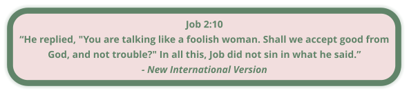 Job 2:10 “He replied, "You are talking like a foolish woman. Shall we accept good from God, and not trouble?" In all this, Job did not sin in what he said.” - New International Version